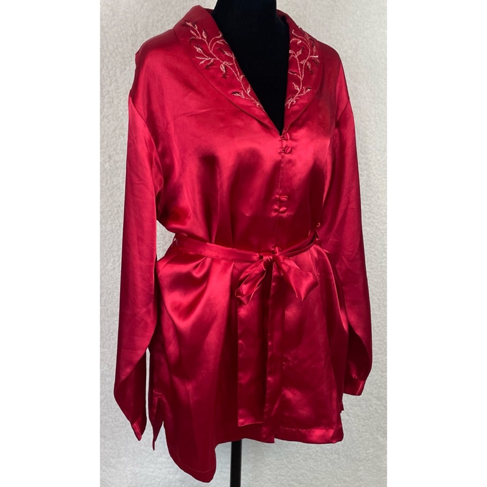 (VTG) PRIVATE LUXURIES • 3-Piece Red Satin Embroidered Pajama Set, L - Picture 9 of 16